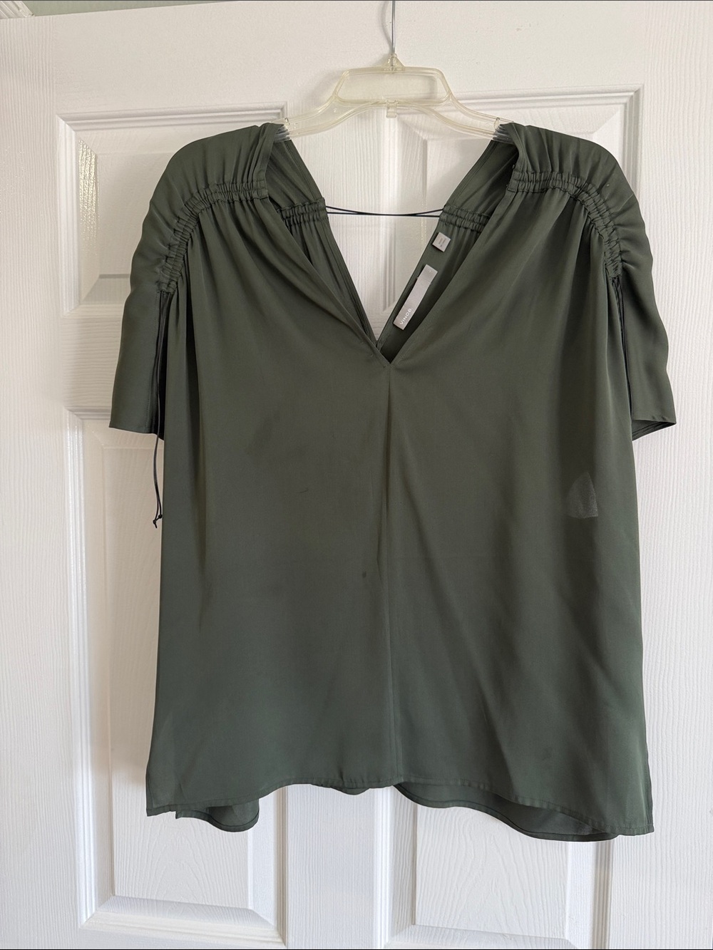 Vince Olive Green V-Neck Ruched Shoulder Blouse